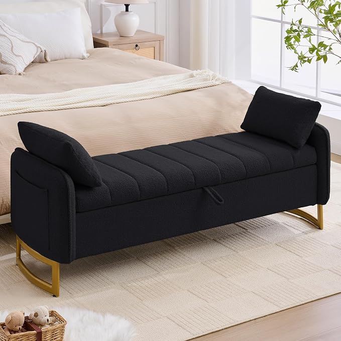 66" End of Bed Bench King Size, Teddy Boucle Storage Bench for Bedroom Foot of Bed, Storage Ottoman Bench with Golden Legs and Pillows for Living Room Window Entryway, Black