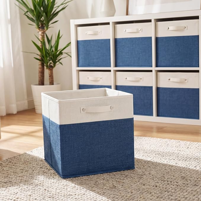 FinishingBo 13 inch Cube Storage Bins with Handles 4 Pack | Foldable Linen Storage Baskets, Closet Organizers, Shelf Baskets, White Blue