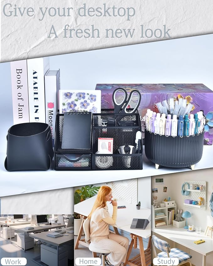 Black Desk Accessories and Organizers with Desk Organizer and 360°Rotating Pen Holder stapler Pen and a Lot of Office Black Office Supplies Beautifully Presented in a Gift Box