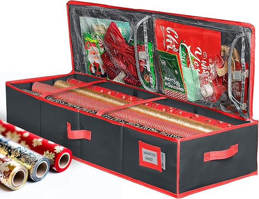 HOLDN’ STORAGE Premium Wrapping Paper Storage Container, Black | Durable 600D Tear-Proof, Fits 27 Rolls Gift Wrap, Extra Pockets for Ribbons & Bows, Underbed Storage