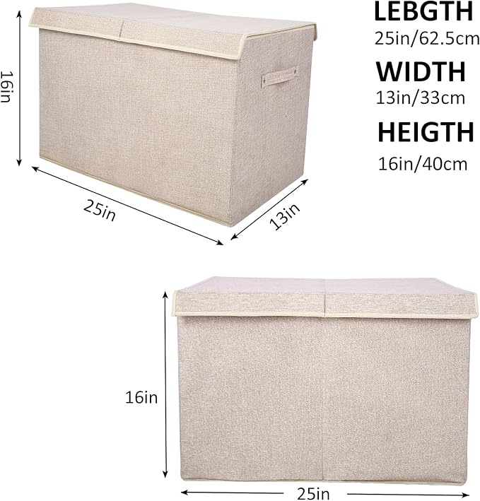 Large Toy Box Chest Storage with Flip-Top Lid, Kids Toy Storage Bin Boxes | Toy Chest with Rivets Handles for Kids, Boys, Girls, Nursery, Playroom, Living Room, Bedroom, 25"x 13" x 16" (Linen Beige)