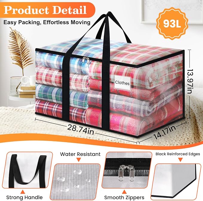 Moving Bags, Extra Large Heavy Duty Storage Bags, 93L, 10 Packs | Packing Bags with Smooth Zippers, Strong Handles & Tag Pocket, Water-Resistant Foldable Storage Totes, Moving Box Alternative