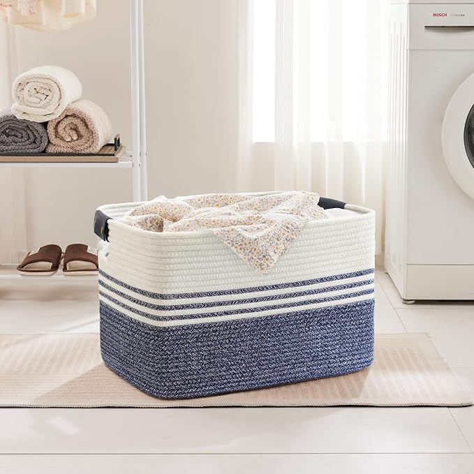86L Woven Laundry Basket Hamper with Leather Handles,Denim Blue | collapsible wicker hamper, storage for dirty clothes, toys, blankets, gifts, living room, bedroom, bathroom, 24"x16"x14"