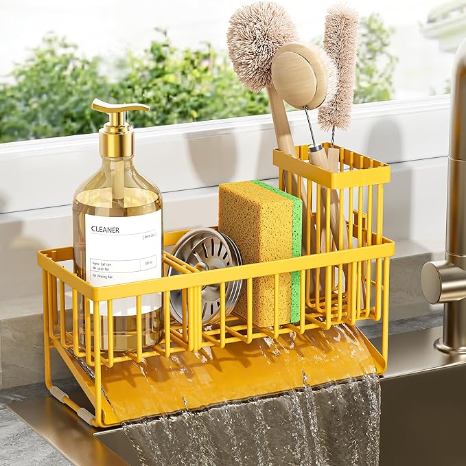 Cisily Lemon Yellow Sink Caddy Organzier with High Brush Holder, Sponge Holder for Sink, 304 Rustproof Stainless, Kitchen Countertop Soap Dispenser Organizer, Lemon Kitchen Decor and Accessories