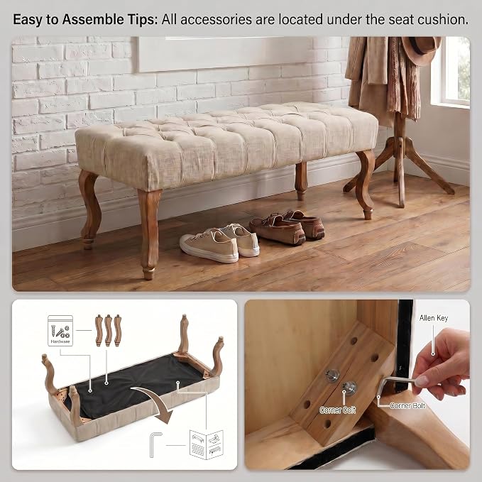 40" Accent Bench, Upholstered Tufted Ottoman Bench French Vintage Entryway Bench Linen Fabric Padded Bench with Distressed Wood Legs for Dining Room, Foyer, Living Room, Bedroom, Beige