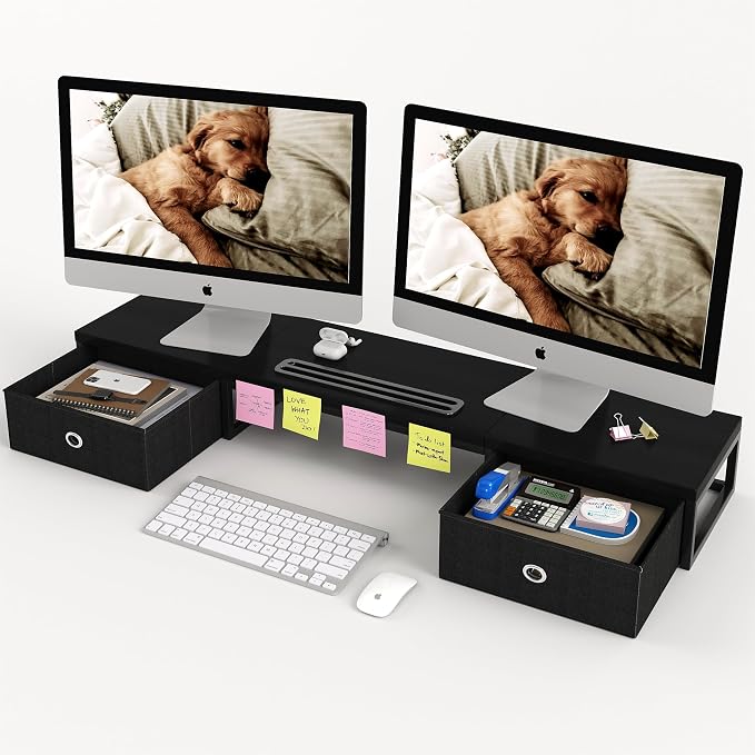 39 Inch Dual Monitor Stand Riser with 2 Drawers - Large Black Wooden Computer Stand for 2 Monitors, Ergonomic Desk Organizer with Phone Holder, Desktop Storage for Laptop, Office Supplies, Home Office
