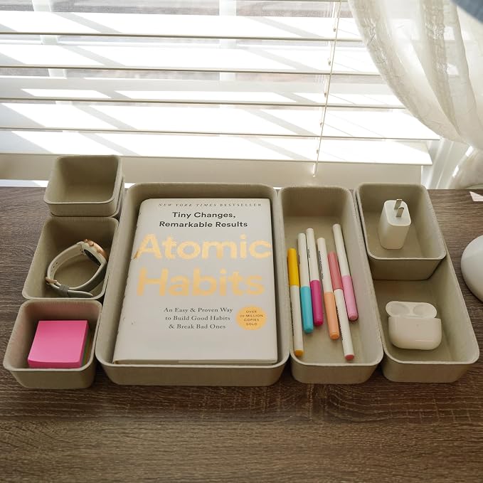 Welaxy Minimalist Felt Desk Drawer Organizer Tray 8pc Stone Storage Bins