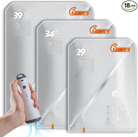 Vacbird 18 Pack Vacuum Storage Bags Set with Rechargeable Wireless Pump Large/Medium/Small Vacuum Seal Bags for Clothing Travel and Home, Compression Packing for Comforters, Blankets and Bedding