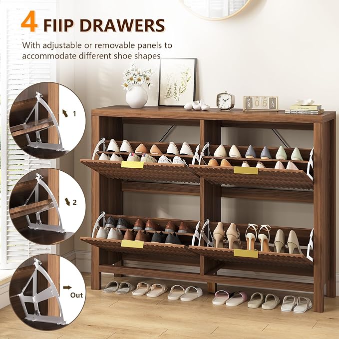 47" Fluted Shoe Cabinet Stoarge with 4 Flip Drawers for Entryway, Hallway | Hidden Shoe Rack Slim Freestanding Shoe Organizer with Legs for Hallway, Living Room, Walnut