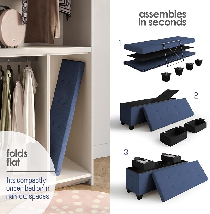 Storage Ottoman Bench with Bins, 43-in Storage Bench for Bedroom End of Bed, Folding Foot Rest Ottoman for Living Room Max 660lbs, Fabric Ottomans, Blue