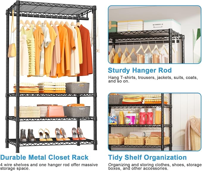 Ulif H4 Portable Closets, 4-Tier Metal Clothes Garment Rack for Bedroom and Cloakroom, Clothing Closet Storage and Organizer Wardrobe, 35.4" W x 14" D x 76.4" H, Black | Freestanding Clothing Closet Storage and Organizer Wardrobe for Apartment and Cloa...