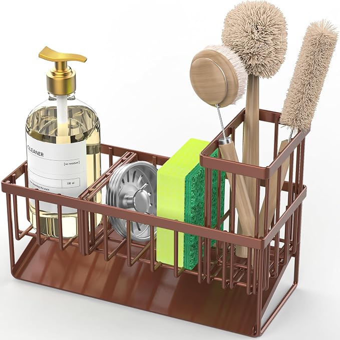 Cisily Kitchen Sink Caddy, Sponge Holder for Kitchen Sink, Kitchen Sink Organzier and Storage with High Brush Holder, Rustproof 304 Stainless Gadgets Sink Accessories(Brown)