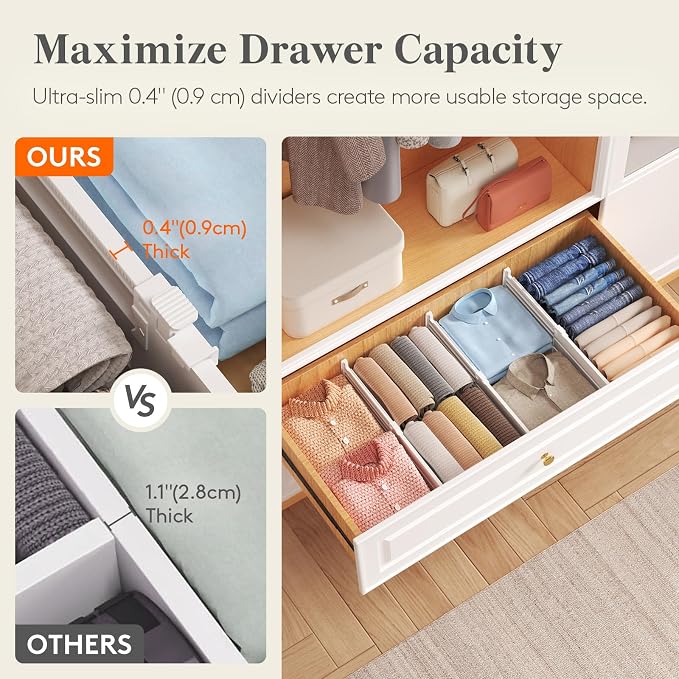 Lifewit 8 Pack 5" High Drawer Dividers for Clothes, 11.5"-18.5" Expandable Dresser Drawer Organizers, Adjustable White Plastic Separators for Kitchen, Cabinet, Nursery, Socks & Underwear Storage