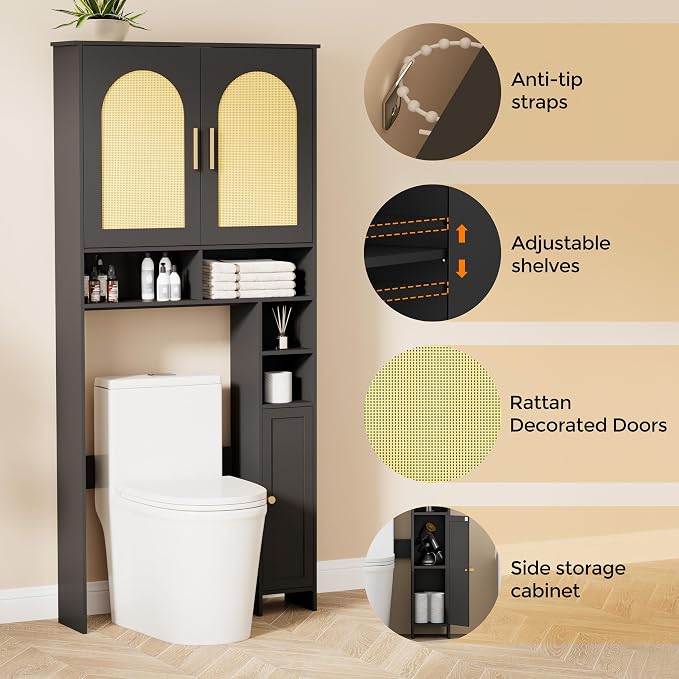 Homhedy Wooden Over The Toilet Storage Cabinet, Natural and Black | Bathroom Organizer with Rattan Decorated Doors, Adjustable Shelves, Toilet Paper Holder, for Small Spaces