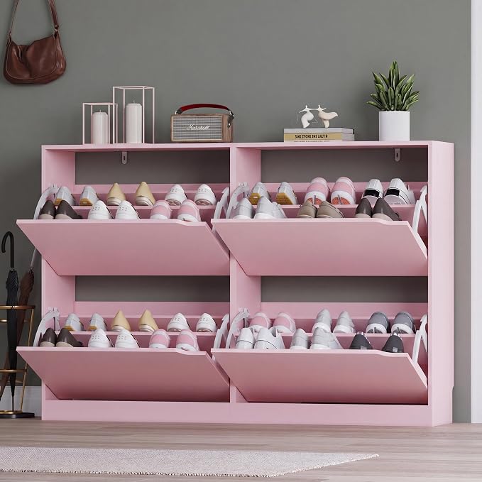 BORNOON Shoe Cabinet with 4 Flip Drawers, Narrow Hidden Shoe Storage Cabinet, Slim Freestanding Shoe Rack Organizer for Entryway, Hallway, Bedroom, Living Room