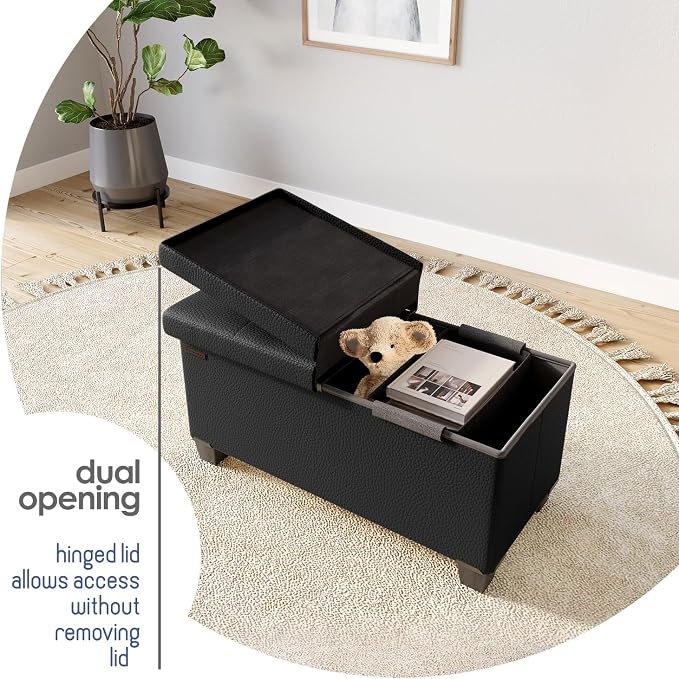 Storage Ottoman Bench with Bins, 30-in Storage Bench for Bedroom End of Bed, Folding Foot Rest Ottoman for Living Room Max 660lbs, Faux Leather Ottomans, Black
