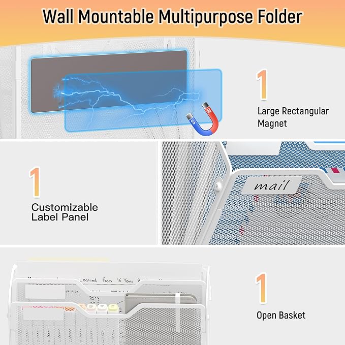 Docnest 3 Pack 3 Tier Dual-Mount Magnetic Mesh File Holders, Wall Organizer | Mount magnets or screws. 2-in-1 hanging mesh mail letter organizer with hooks for office and home clutter