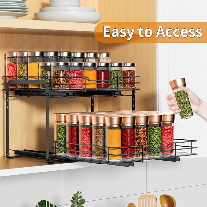 RCHYFEED 2 Tier Height Adjustable Pull Out Spice Rack,13.5" Wx10.5 Dx9.5 H | Heavy Duty Spice Organization for Cabinet Metal Slide Out Spice Rack for Cabinet & Pantry, for Seasoning,Sauces,Canned Goods