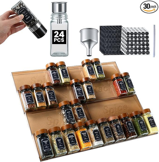 2 Pack Spice Rack with 24 Spice Jars, 4OZ Wood Lid Spice Containers with Expandable Spice Organizer Shelf, Spice Labels, Pepper Grinder Lids, Chalk Marker & Funnel Set for Drawer Kitchen Countertop