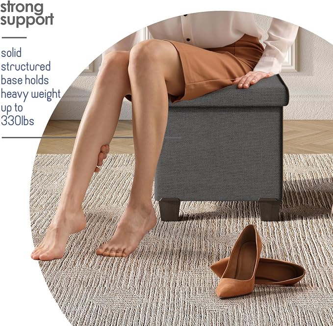 Storage Ottoman Cube with Small Bin, 15-in Square Ottoman with Storage for Living Room and Bedroom, Small Ottomans Foot Rest, Fabric Foot Stools Ottomans Max 330lbs, Grey