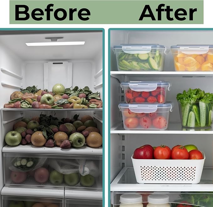 5 Pack Large Fruit Storage Containers for Fridge with Removable Colander | Plastic Food Storage Containers with Lids Airtight-Leak Proof Refrigerator Organizers and Storage of Vegetable