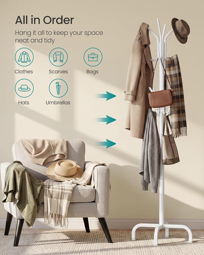 SONGMICS Coat Rack Freestanding with 16 Hooks, Metal Coat Tree Stand with 4 Adjustable Feet, Clothes Hanger Stand for Entryway Bedroom Living Room Hallway Office, Cloud White URCR083WC01S