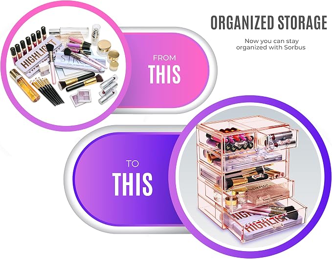 Sorbus Acrylic Makeup Organizer Set, 6-Drawer Vanity & Countertop Cosmetic Storage with Small & Wide Drawers, Pink Makeup Storage for Brushes, Lipsticks, Jewelry – Holiday Gift for Women & Teens