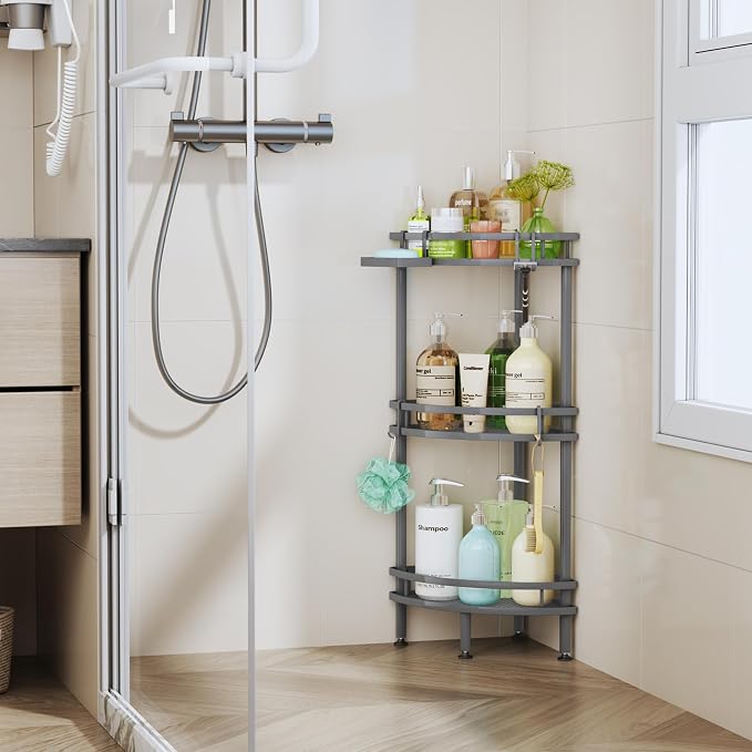 HapiRm Standing Corner Shower Caddy - 3 Tier Shower Organizer Corner with Soap Holder and 4 Hooks, Rustproof Bathroom Storage Shelves with Adhesives, Grey