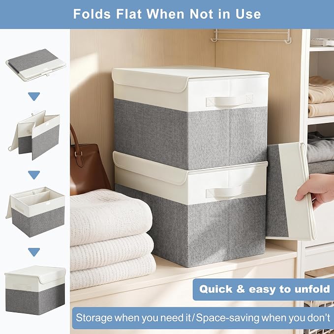 Bagnizer Large 22 Quart Linen Fabric Foldable Storage Bin Cube Organizer Basket with Flip-Top Lid & Handles, Clothes Blanket Box for Home, Office, Closet, Gray & White, 4 Pack 14.6 x 9.5 x 9.5”