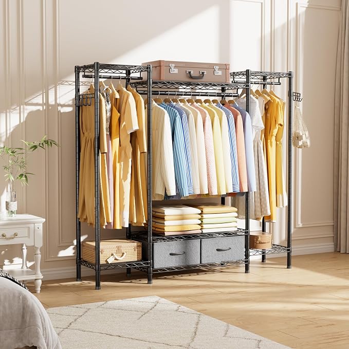 Golpart Heavy Duty Clothing Rack with Adjustable Shelves Clothes Wardrobe | Coat Rack Metal Closet Organizer and Storage Garment Rack for Hanging Clothes Wire Portable Cloth System Free Standing Black