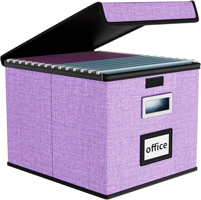 File Organizer Box with Lids, Collapsible File Folder Organizer | File Box with Plastic Slides for Office Document Storage, Filing Bin for Letter Size Hanging File Folders (1 Pack, Lavender)