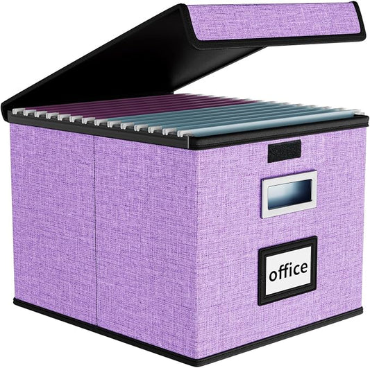 File Organizer Box with Lids, Collapsible File Folder Organizer | File Box with Plastic Slides for Office Document Storage, Filing Bin for Letter Size Hanging File Folders (1 Pack, Lavender)