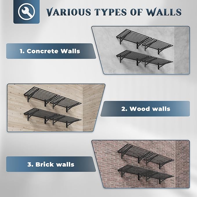 Jusgym 4-Pack 2x3ft Garage Shelving Wall Mounted, 2' x 3' Heavy Duty Garage Storage Shelves with Hooks, 1000LB Capacity