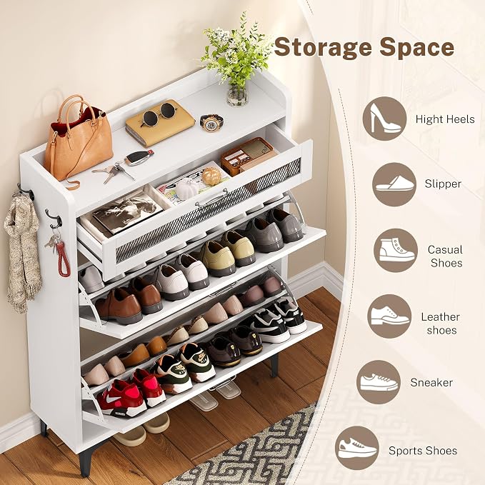 Shoe Cabinet with 2 Flip Drawers & Top Drawer, Farmhouse Narrow Shoe Storage Cabinet with Adjustable Shelves & Hooks, Freestanding Hidden Slim Shoe Rack Cabinet for Entryway, Hallway, White