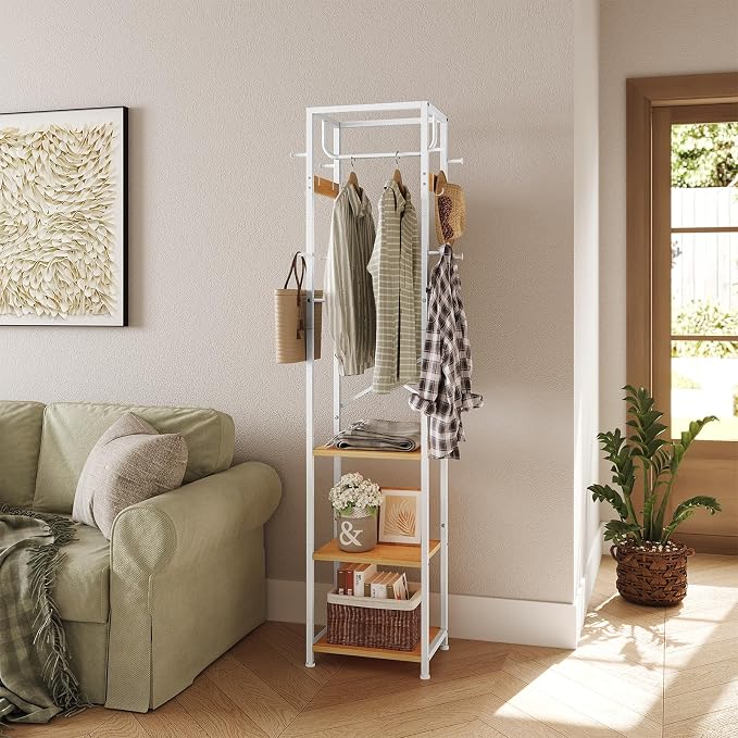 ELYKEN Coat Rack Freestanding, Hall Tree with 3 Shelves and 12 Hooks | Industrial Metal Frame, Space-Saving Design, Clothes Rack Stand Organizer for Bedroom, Hallway, Entryway, Office, Living Room