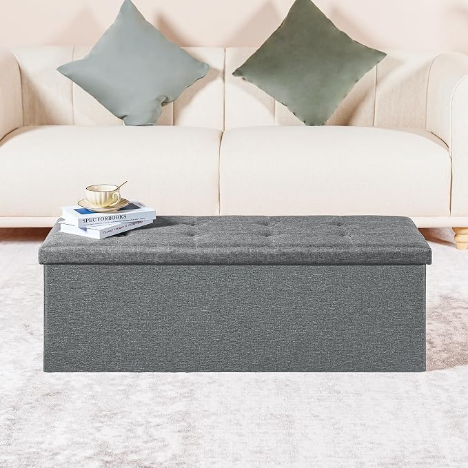 PINPLUS Folding Storage Ottoman Bench, Grey Linen Long Ottoman Chest Foot Rest Stool with Padded Seat, Chest with Cover, Bedroom Bench with Storage, 43.3inches