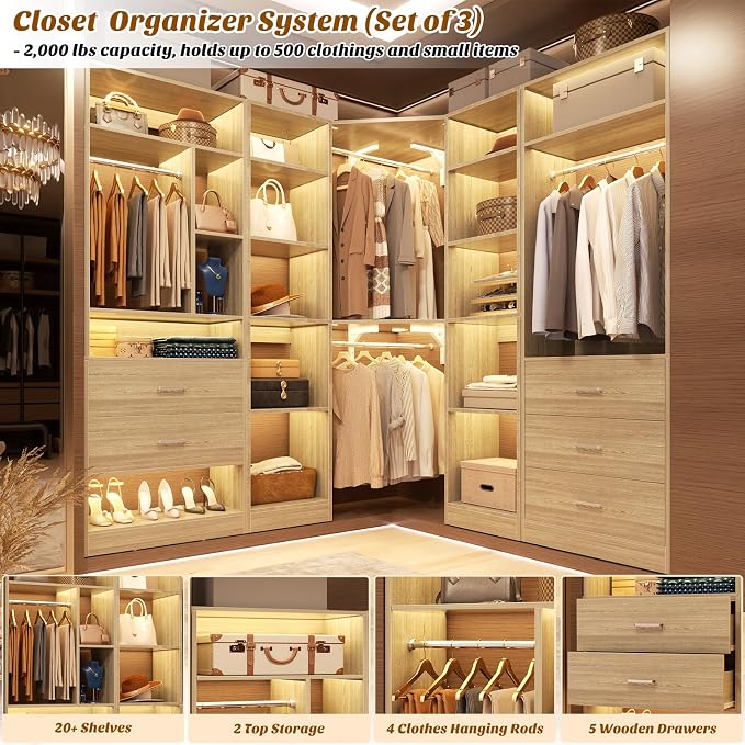 Besiost Corner Closet System with 5 Drawers, Closet Organizer System with 15+Shelvess & 4 Hanging Rods, 63.2"L * 63.2"W / 87.2"L * 39.2"W Reversible L Shaped Walk-in Closets, Load 2500+LBS, White Oak