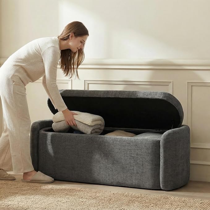 VKNOW Storage Bench, Upholstered Storage Ottoman Bench with Hinge, Grey | Ottoman Bench with Large Capacity, Curved Frame, Soft Fabric, Storage Bench for Bedroom, Living Room, Entryway, Window