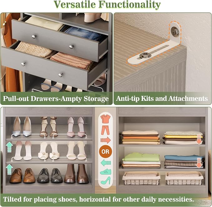 Besiost Closet System, Up to 134"/11.2 FT Closet Organizer with 4 Wooden Drawers and Shelves, Walk-in Closet System with 6 Hanging Rods, Built-in Closet Can Fit 96"/8FT, 120"/10FT, Morandi Grey Set 2