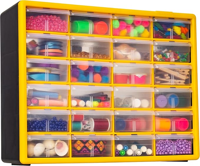 Akro-Mils 24-Drawer Plastic Storage Cabinet, 20"W x 6"D x 16"H, Yellow | Plastic Cabinet w/ Drawers for Garage Organization, Beads, Building Bricks Storage, Teacher Toolbox, Makeup Organizer, 10124