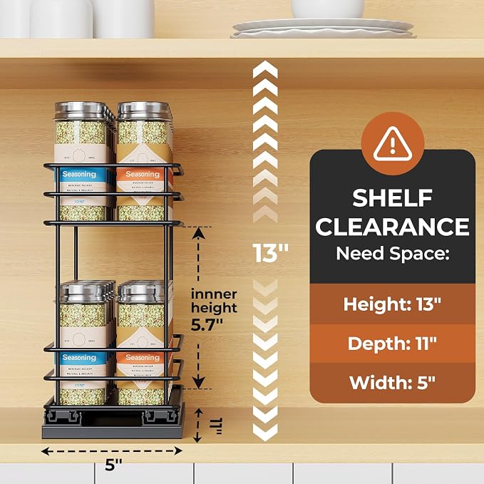 Mystozer Pull Out Spice Rack Organizer for Cabinet, Slide Out Spice Racks, Easy to Install, 4.33" Wx10.43 Dx8.66 H, 1 Drawer 2 Tiers(Black)