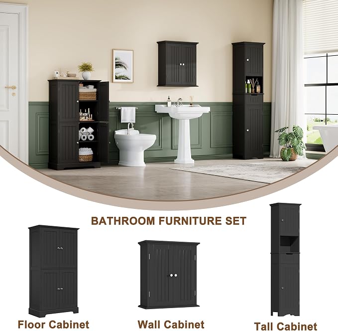 ChooChoo Bathroom Floor Cabinet with Adjustable Shelves | Bathroom Storage Cabinet, 4 Doors, Freestanding Cupboard for Living Room, Black