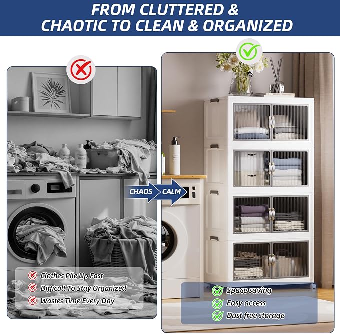 SAILUN 580Qt Stackable Storage Bins,Storage Cabinet Drawer with a Lid,White | Stackable storage drawers with lids, 26" W x 17" D x 71" H, featuring open-front access for clothes and closet storage.