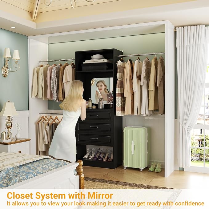 Unikito 8FT Closet System with Mirror, 96 Inch Walk in Closet Organizer Kit with Drawers and 3 Extendable Hanging Rods, Sturdy Wood Clothing Garment Rack with 25” Tower, Max Load 1000 LBS, Black