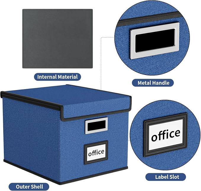 File Organizer Box with Lids, Collapsible File Folder Organizer | File Box with Plastic Slides for Document, Filing Bin for Letter Size Hanging File Folders (4 Pack, Royal Blue)