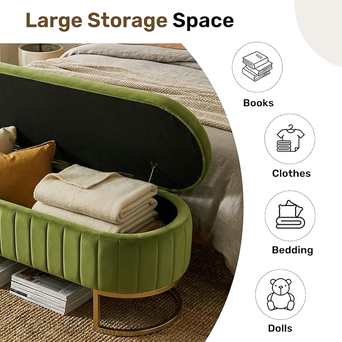 65" Velvet Storage Ottoman Bench End of Bed for Bedroom Entryway Light Green