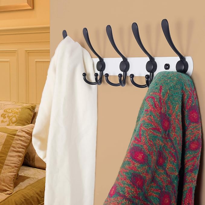 Dseap Wall Mounted Coat Rack - 5 Tri Hooks, Heavy Duty, Stainless Steel, Metal Coat Hook Rail for Coat Hat Towel Purse Robes Mudroom Bathroom Entryway (White & Black, 2 Packs)