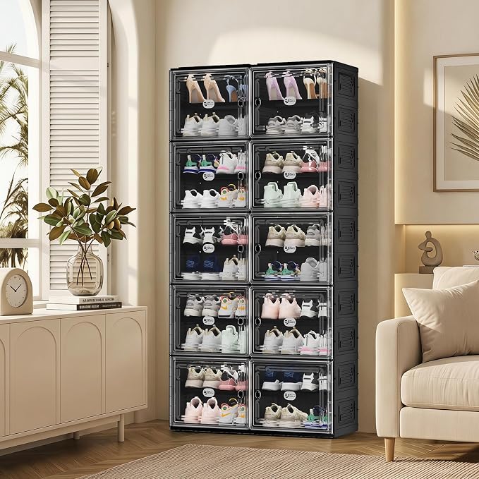 Foldable Shoe Cabinet with Magnetic Clear Doors, Wide Design Shoe Rack for Entryway, Portable Shoe Organizer Meeting Diverse Storage Needs (Black, 2Row 10Tier)