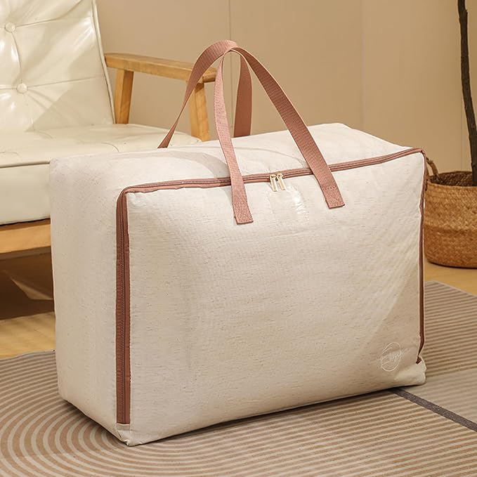 82L Storage Bag for Clothes, Comforters, Blankets, Bedding, Pillows, Stuffed Toys, Jackets with Sturdy Handles, Clear Label Tag, Zippered, for use at Home, Travel or Move, 24x17x12 (Beige, Large)