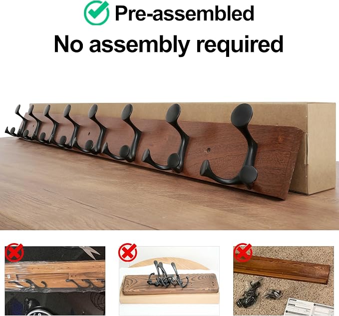 WEBI Coat Rack Wall Mount,43" Solid Wood Coat Hooks Wall Mounted Coat Hanger,16" Hole to Hole,Heavy Duty 8 Triple Hooks for Hanging Coats,Jacket,Hat,Backpack,Farmhouse,Reddish Brown